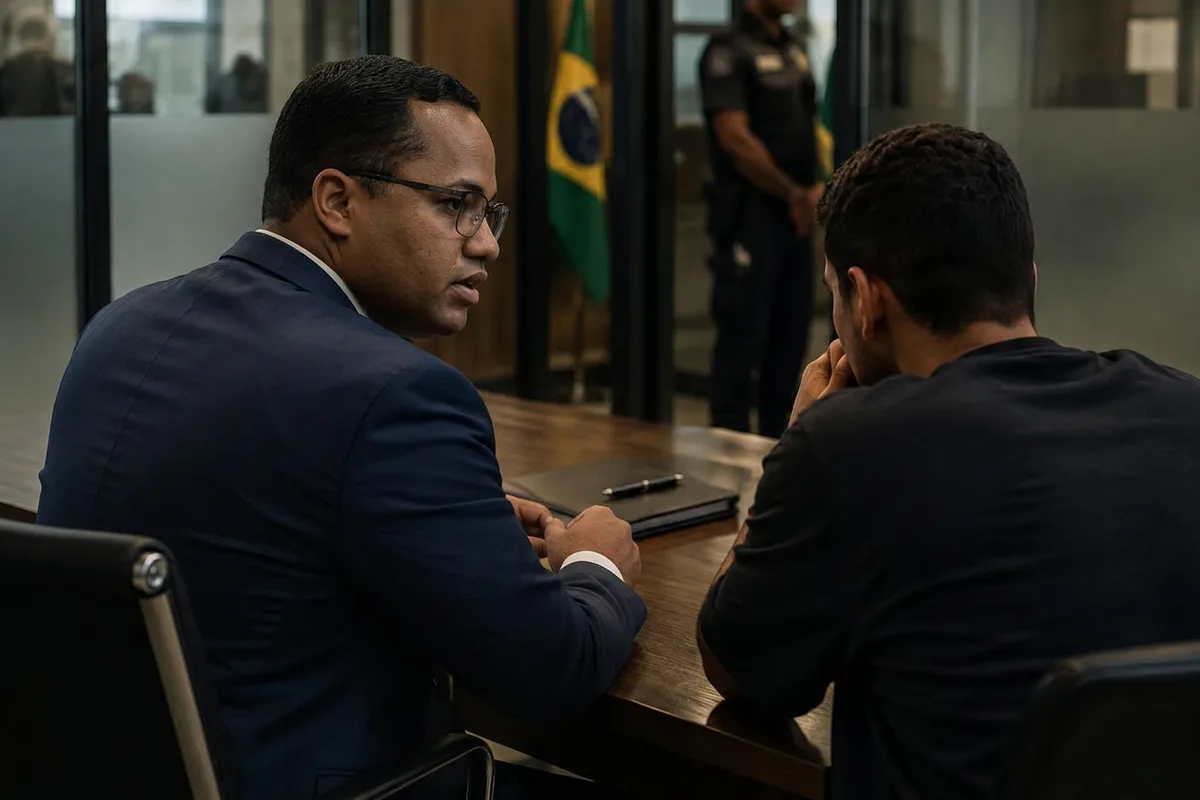 Advogado orientando cliente de forma reservada em uma delegacia